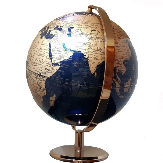 25cm Diameter World Globe Navy Blue Rose Gold